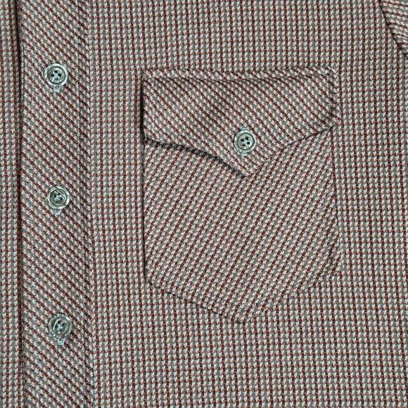 VINTAGE MENS MEDIUM 60'S 70'S POLY HEAVY LS SHIRT WING COLLAR PLAID GRAY SALMON - Picture 3 of 8